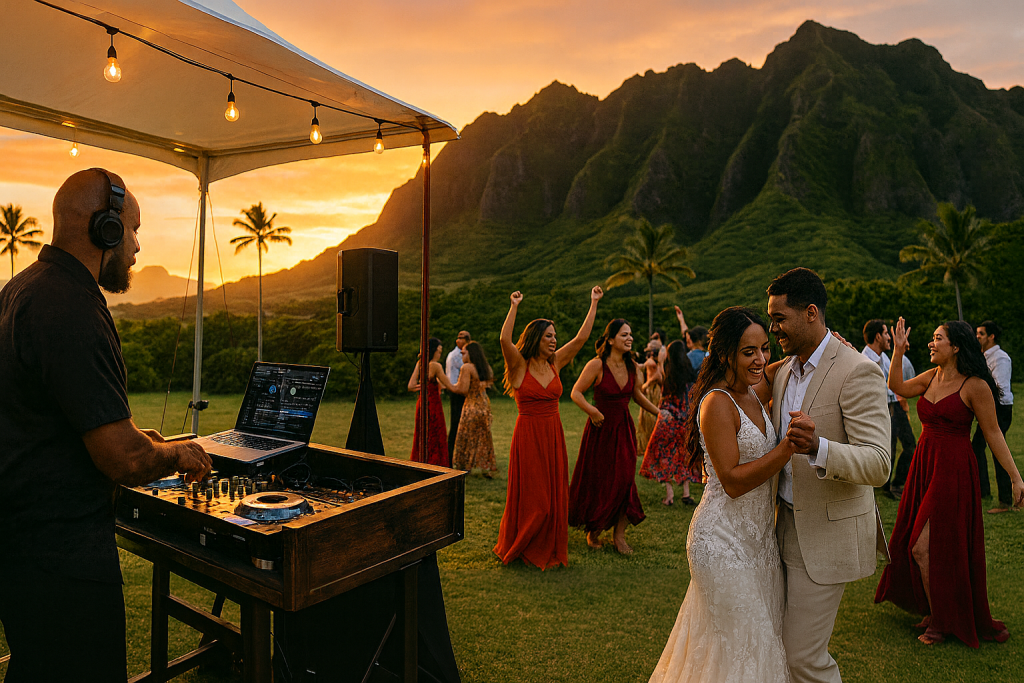 Sunset wedding DJ setup at Paliku Gardens, Kualoa Ranch with dancing guests and mountain views