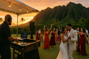Sunset wedding DJ setup at Paliku Gardens, Kualoa Ranch with dancing guests and mountain views