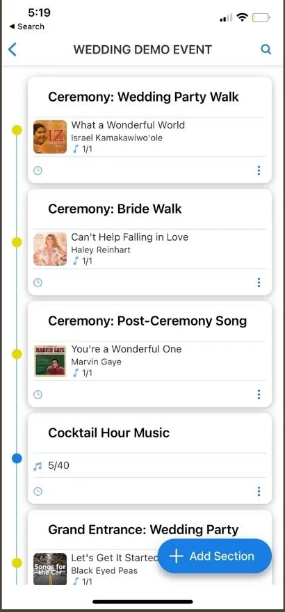 Wedding music planning timeline in the Frobaby Productions song request app