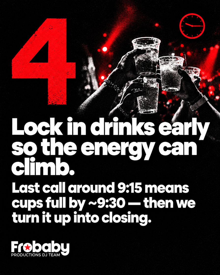 Bump last call to around 9:15 so drinks are in by 9:30 then ramp to 10
