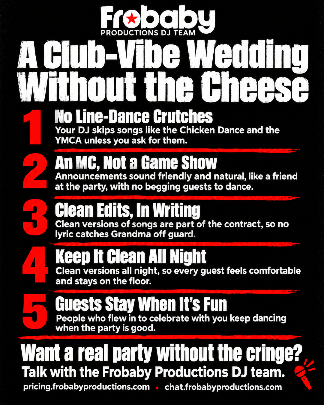 A club-vibe wedding without the cheese: no line-dance crutches, a natural MC, and clean edits