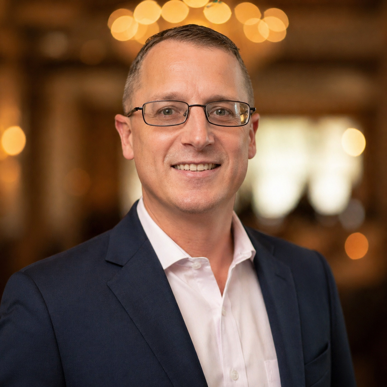 headshot of jeremy krick, dj. light in background. wearing suit