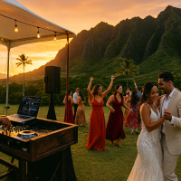 Sunset wedding DJ setup at Paliku Gardens, Kualoa Ranch with dancing guests and mountain views
