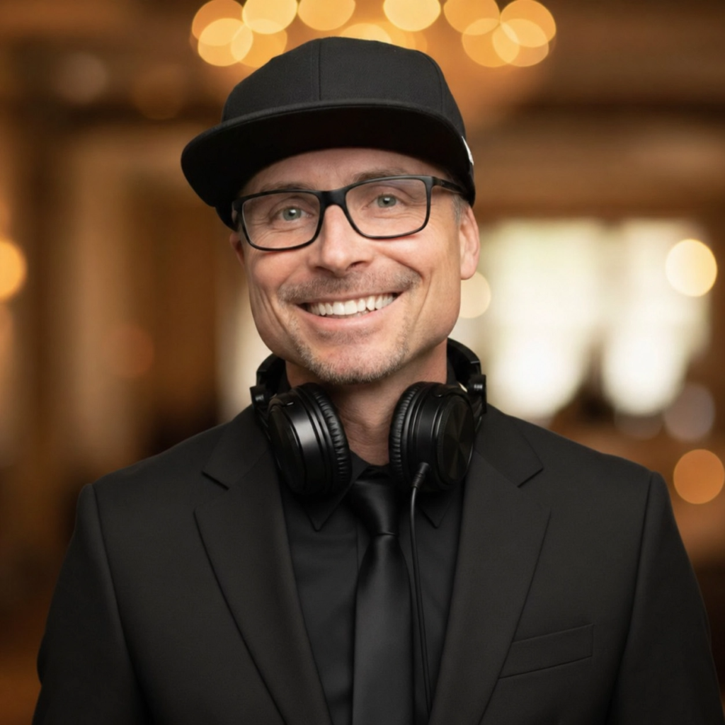 nate burgoyne in black luxury suit before dj and mc in Hawaii